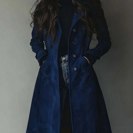 Women's Long Trench Coat Casual Loose Fit Outerwear in navy, worn by a model with long hair