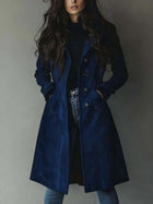 Women's Long Trench Coat Casual Loose Fit Outerwear in navy, worn by a model with long hair