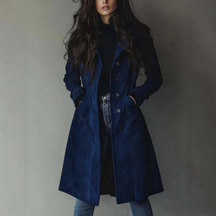 Women's Long Trench Coat Casual Loose Fit Outerwear in navy blue, stylishly worn with a black top and jeans.