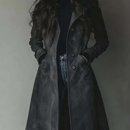 Women's Long Trench Coat Casual Loose Fit Outerwear in black, featuring a stylish design with pockets and a relaxed fit.