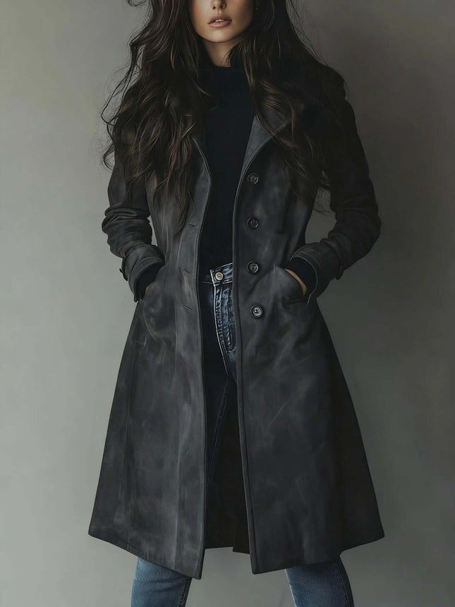 Women's Long Trench Coat Casual Loose Fit Outerwear in black, featuring a stylish design with pockets and a relaxed fit.