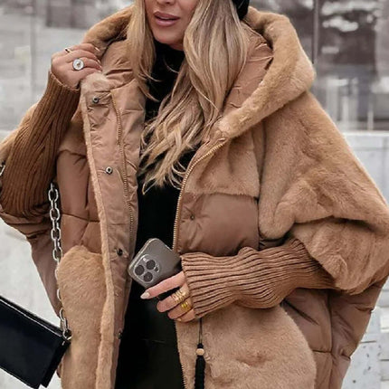 Womens Loose Cotton Coat Faux Fur Patchwork Winter Jacket featuring a cozy hood and stylish sleeves.