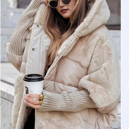 Womens Loose Cotton Coat Faux Fur Patchwork Winter Jacket worn by model holding coffee, showcasing the stylish design.