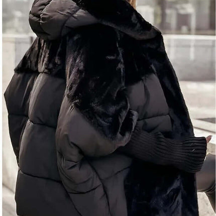 Womens Loose Cotton Coat Faux Fur Patchwork Winter Jacket in black, featuring a stylish hood and plush texture.