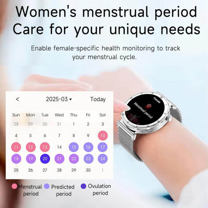 QS22 Womens AMOLED Display Smart Sports Watch showing menstrual cycle tracking feature and health monitoring.