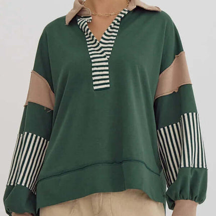 Women's Oversized Striped Polo Neck Sweatshirt Pullover street style