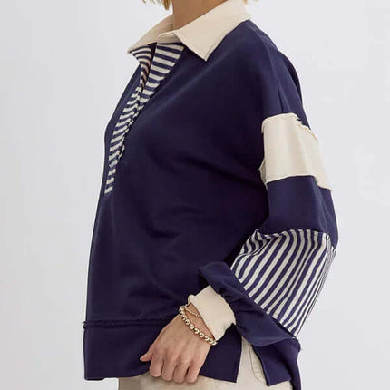 Women's Oversized Striped Polo Neck Sweatshirt Pullover casual chic