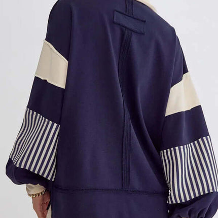 Women's Oversized Striped Polo Neck Sweatshirt Pullover cotton fabric