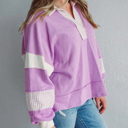 Women's Oversized Striped Polo Neck Sweatshirt Pullover long sleeve