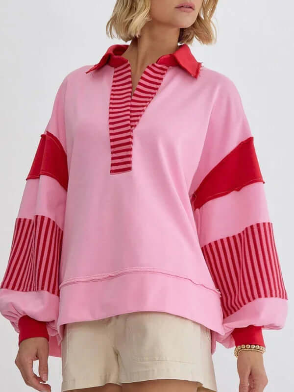 Women's Oversized Striped Polo Neck Sweatshirt Pullover front view