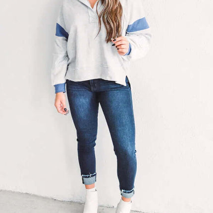 Women's Oversized Striped Polo Neck Sweatshirt Pullover fashion top