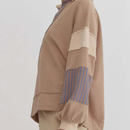 Women's Oversized Striped Polo Neck Sweatshirt Pullover fashion top cozy relaxed fit design