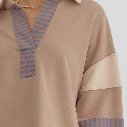 Women's Oversized Striped Polo Neck Sweatshirt Pullover fashion top trendy everyday casual look