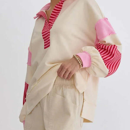 Women's Oversized Striped Polo Neck Sweatshirt Pullover fashion top modern sporty chic outfit