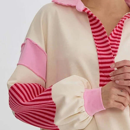 Women's Oversized Striped Polo Neck Sweatshirt Pullover fashion top loose fit casual pullover style