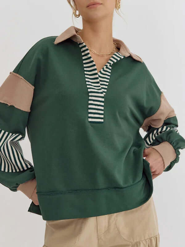 Women's Oversized Striped Polo Neck Sweatshirt Pullover casual outfit