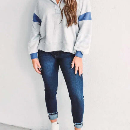 Women's Oversized Striped Polo Neck Sweatshirt Pullover cotton blend