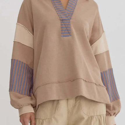 Women's Oversized Striped Polo Neck Sweatshirt Pullover striped design