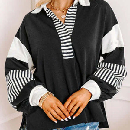 Women's Oversized Striped Polo Neck Sweatshirt Pullover polo collar