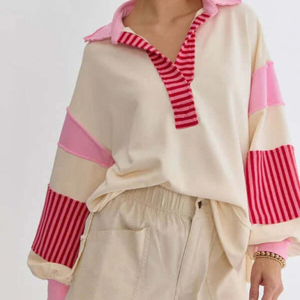 Women's Oversized Striped Polo Neck Sweatshirt Pullover daily wear