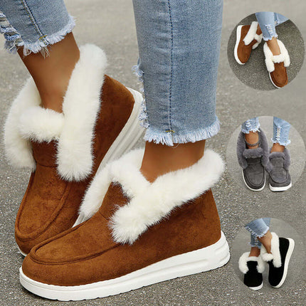 Womens Plush Fur Ankle Snow Boots in brown, gray, and black, showcasing suede upper and plush fur trim for winter.