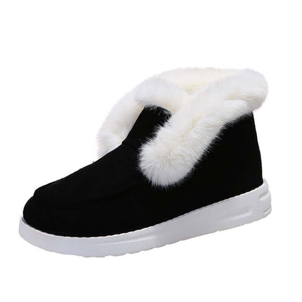 Womens Plush Fur Ankle Snow Boots showcasing sleek suede with plush white fur lining for warm winter comfort.