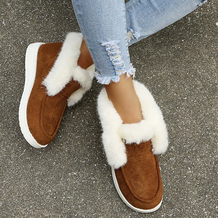 Womens Plush Fur Ankle Snow Boots in brown suede with fluffy white fur accents, perfect for winter warmth and comfort.