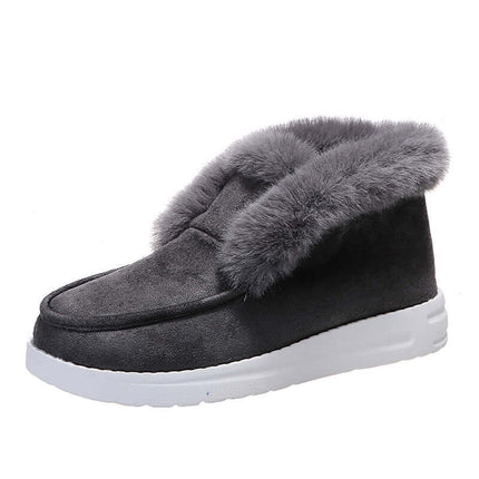 Womens Plush Fur Ankle Snow Boots in gray suede with fluffy edges, perfect for winter warmth and comfort.