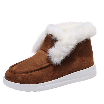 Womens Plush Fur Ankle Snow Boots in brown suede with white fur lining and soft sole, perfect for winter and comfort.