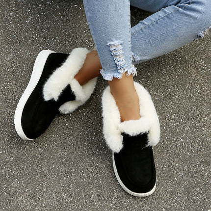 Womens Plush Fur Ankle Snow Boots displayed with plush fur and black suede, perfect for winter footwear.