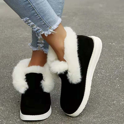 Womens Plush Fur Ankle Snow Boots featuring black suede with cozy white fur lining, ideal for winter wear.