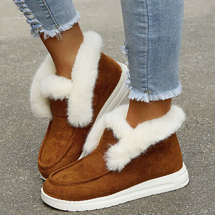 Womens Plush Fur Ankle Snow Boots in brown suede with white fur lining, perfect for winter fashion and comfort.