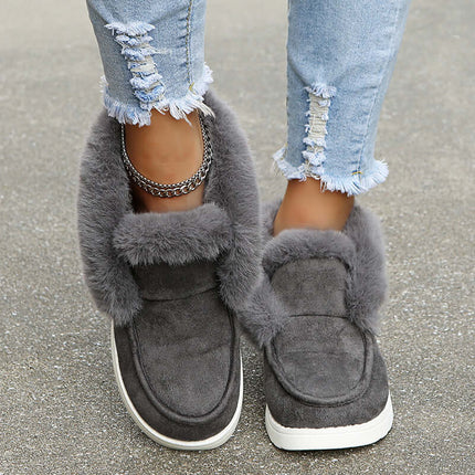 Womens Plush Fur Ankle Snow Boots with suede upper and plush fur lining for winter comfort.