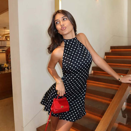 Womens Polka Dot Backless Halter A Line Dress Polka Dot Pattern