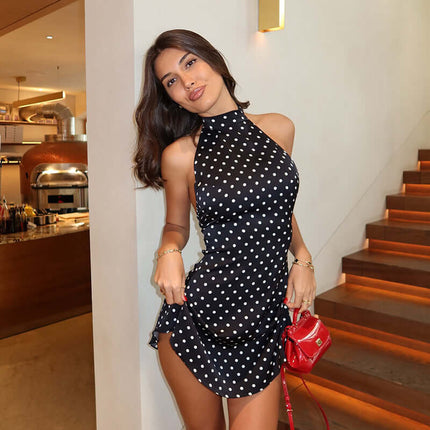 Womens Polka Dot Backless Halter A Line Dress Sleeveless Dress Design