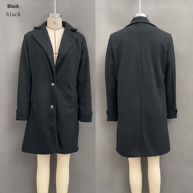 Women's Retro Casual Mid-Length Lapel Coat in black displayed from front and back views