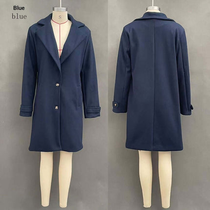 Women's Retro Casual Mid-Length Lapel Coat in blue, displayed front and back on a mannequin.