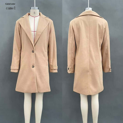 Women's Retro Casual Mid-Length Lapel Coat in camel color, displayed from front and back view on mannequin.