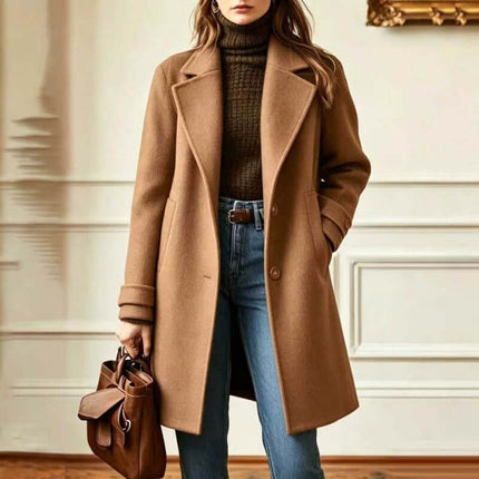 Women's Retro Casual Mid-Length Lapel Coat worn with a turtleneck and jeans, showcasing a stylish fall outfit.