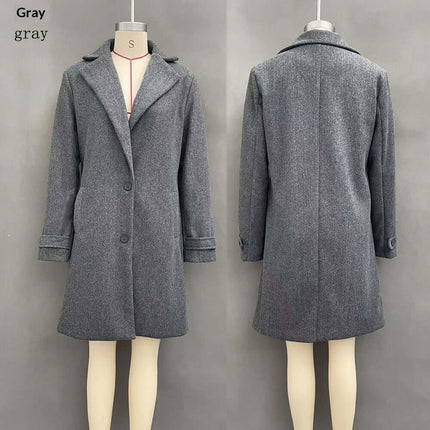 Women's Retro Casual Mid-Length Lapel Coat in gray color, front and back view, stylish design with lapel collar.