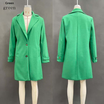 Women's Retro Casual Mid-Length Lapel Coat in green, showcasing front and back views of the stylish coat.