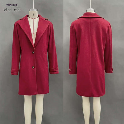 Women's Retro Casual Mid-Length Lapel Coat in wine red, featuring a button front and stylish lapel, shown from front and back views.