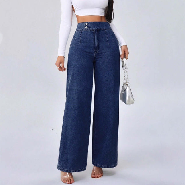 Womens Retro Deep Blue High-Waist Jeans - Wide-Leg Denim Pants modeled by a woman wearing a white crop top.