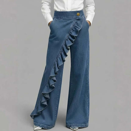 Womens Retro Irregular High-Waist A-Line Denim Trousers front view blue.