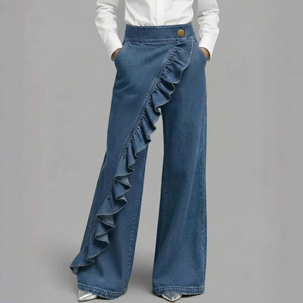 Womens Retro Irregular High-Waist A-Line Denim Trousers light blue denim.