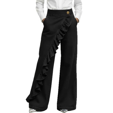 Womens Retro Irregular High-Waist A-Line Denim Trousers black casual style.