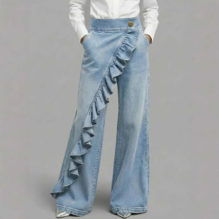 Womens Retro Irregular High-Waist A-Line Denim Trousers polyester fabric.