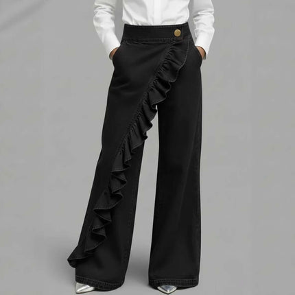 Womens Retro Irregular High-Waist A-Line Denim Trousers 3D cutting detail.