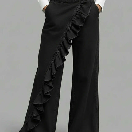 Womens Retro Irregular High-Waist A-Line Denim Trousers vintage button elements.