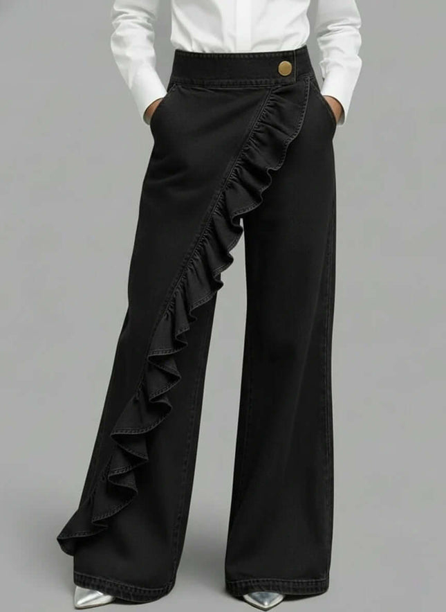 Womens Retro Irregular High-Waist A-Line Denim Trousers vintage button elements.